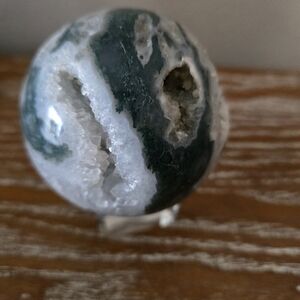 Polished Green and White Moss Agate Sphere